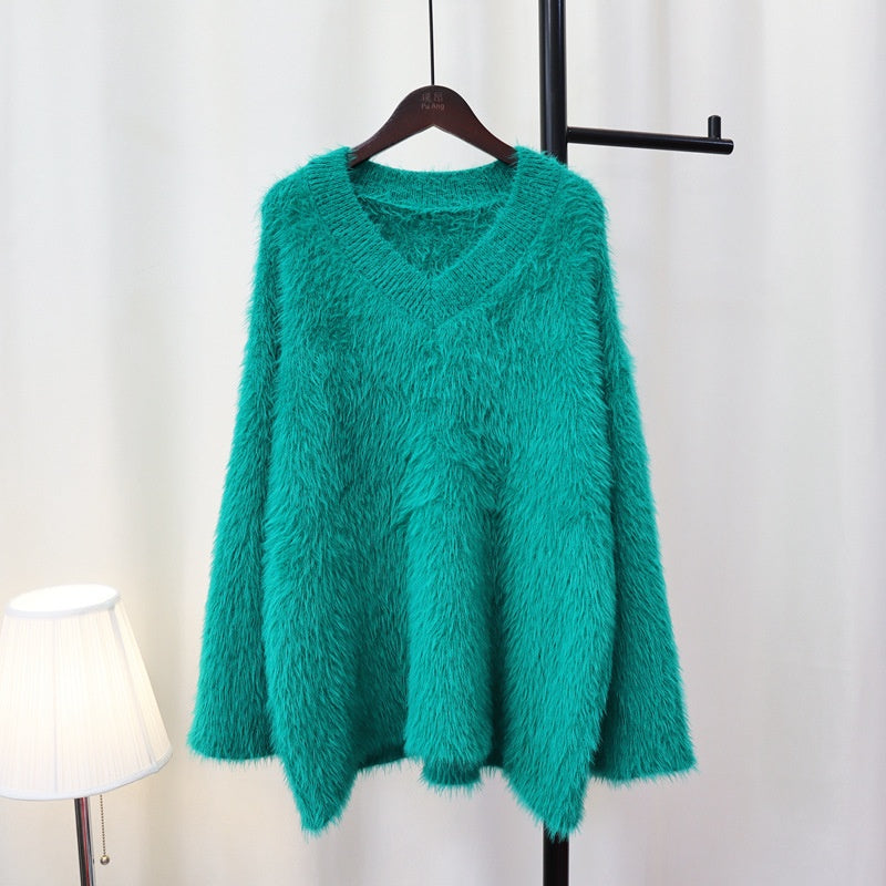 Fluffy V-Neck Loose Knit Sweater