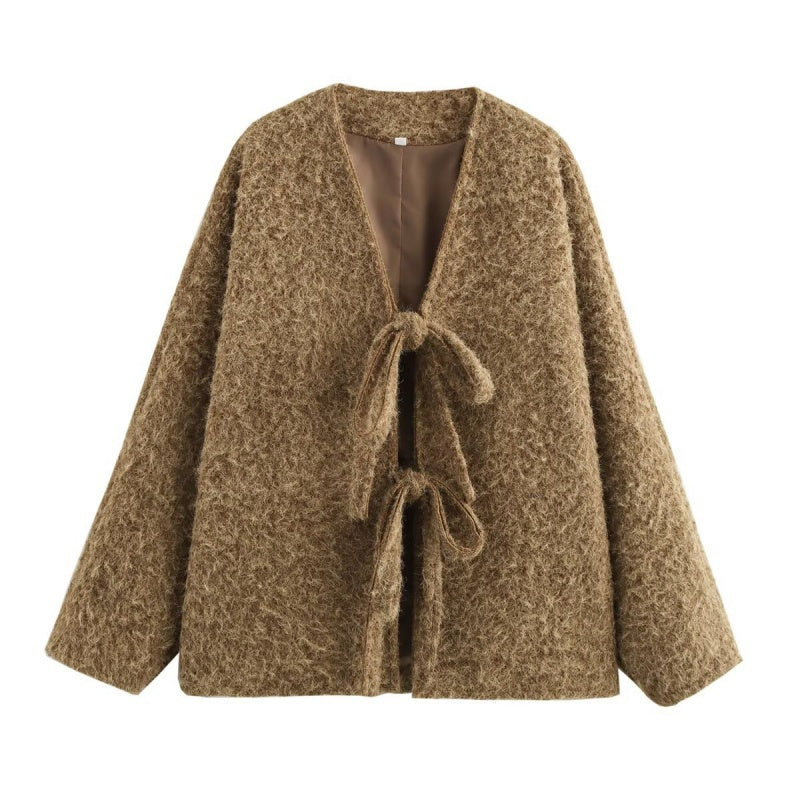 Tie-Waist Knit Long Sleeve Coat