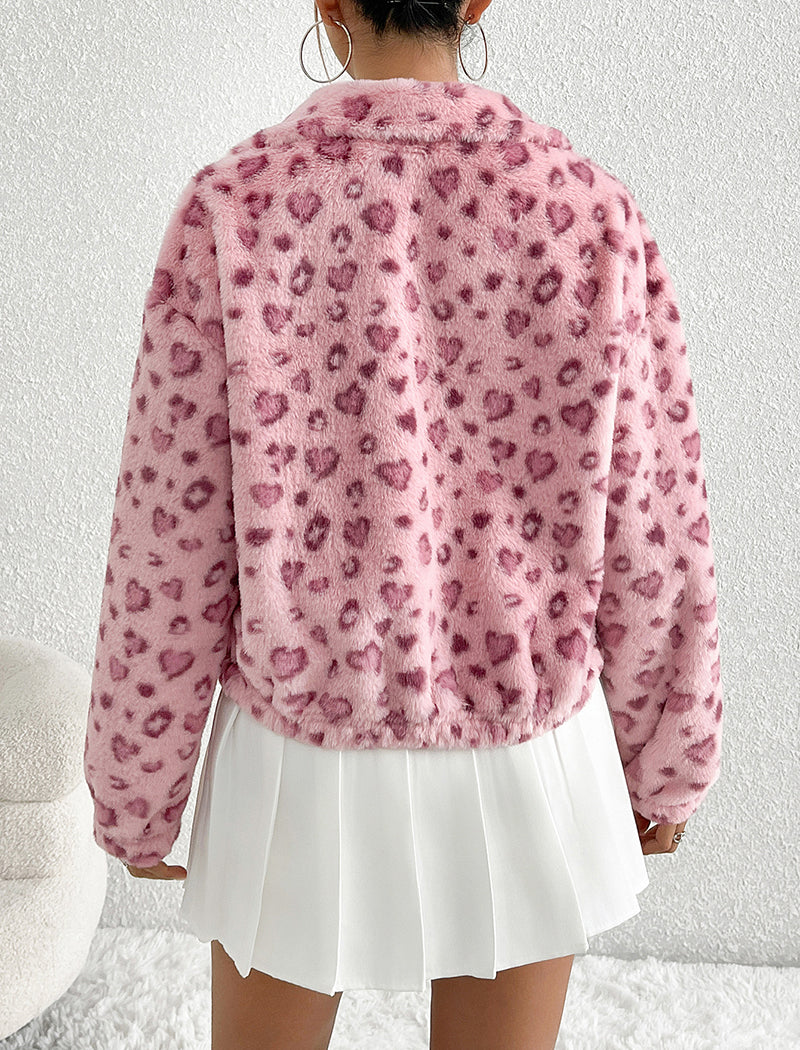 Zip-Up Long Sleeve Heart Leopard Print Fleece Jacket