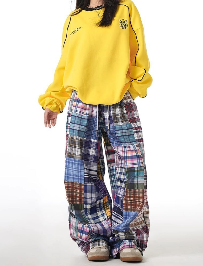 Patchwork Plaid Drawstring Pants