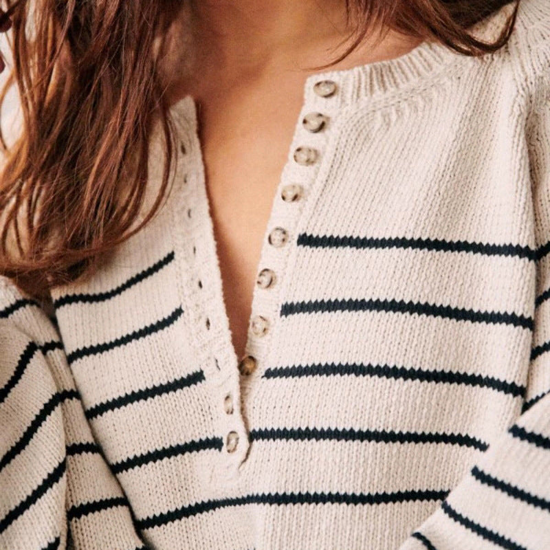 Knit Striped Half-Button V Neck Sweater