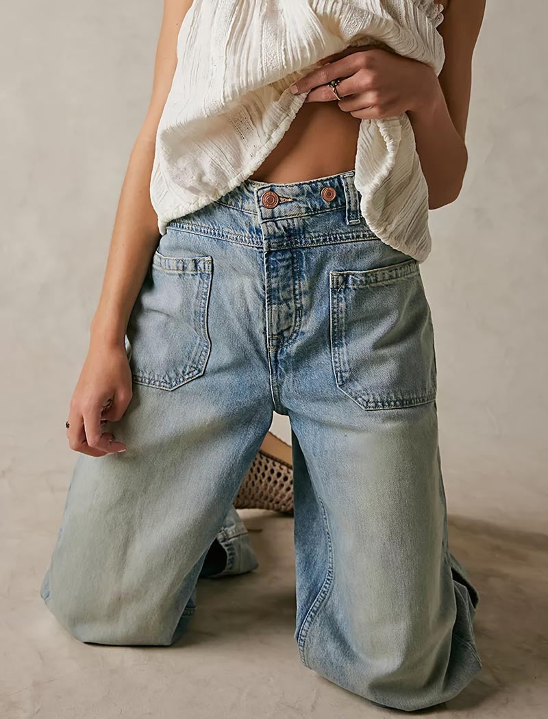 Wide-Leg Wash-Effect Denim Jeans