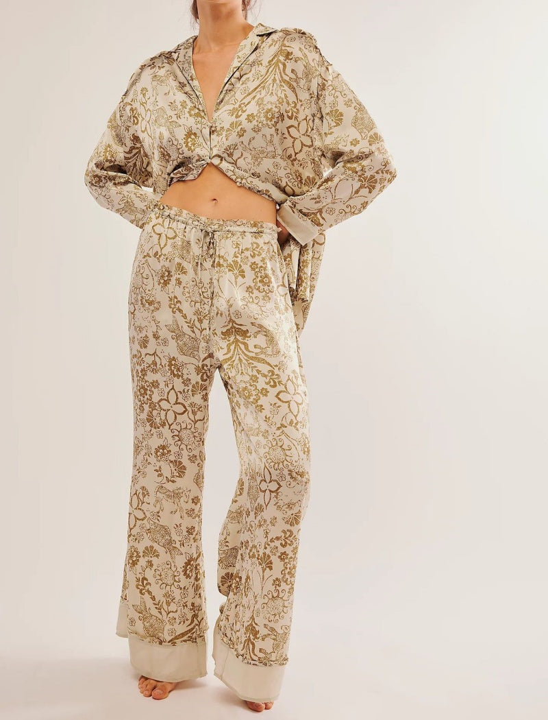 Floral Print Satin Long-Sleeves and Pants Pajama Set