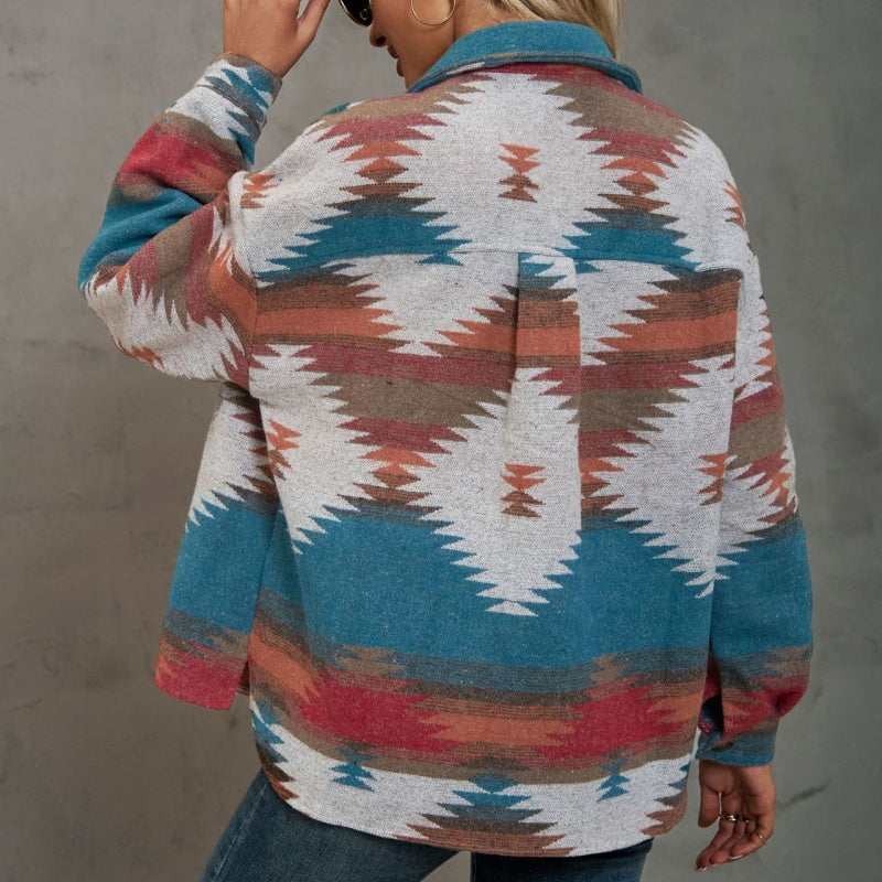 Geometric Print Cropped Loose Collar Jacket