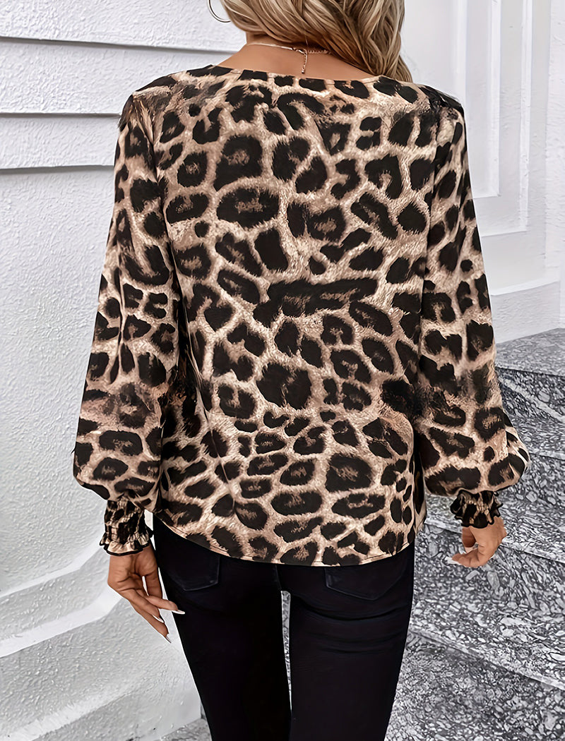 V-Neck Leopard Print Loose Long Sleeve Shirt