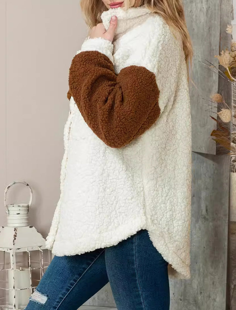 Button-Front Contrast Sherpa Jacket
