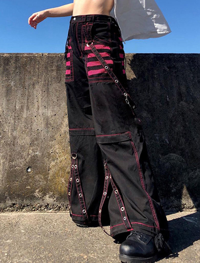 Color-Block Striped Mesh-Panel Wide-Leg Pants