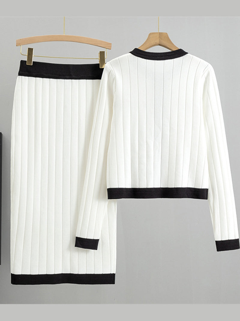 Pleated Button-Up Cardigan and Skirt Set