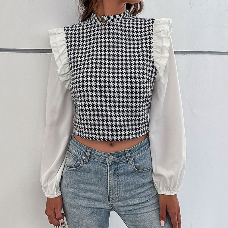 Houndstooth Ruffle Sleeve Crop Top
