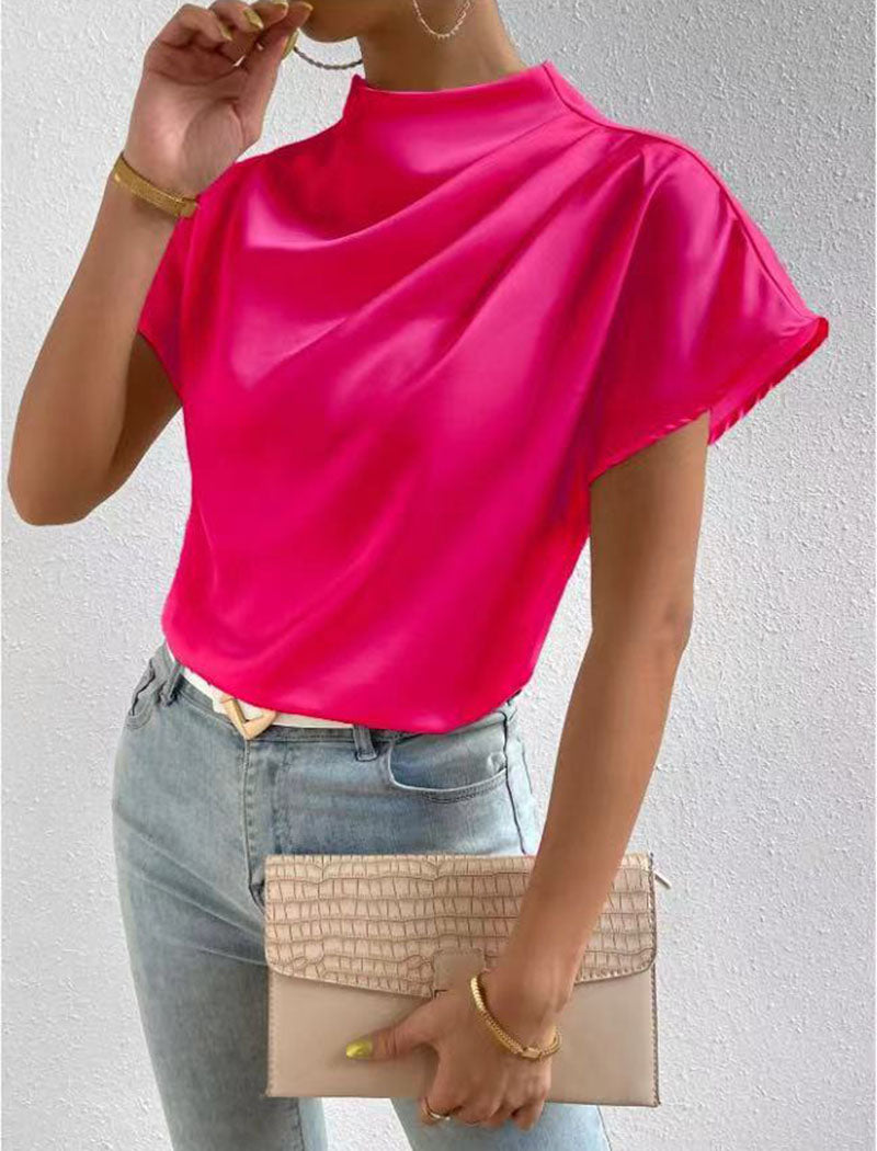 Satin Cowl Neck Short-Sleeve Blouse