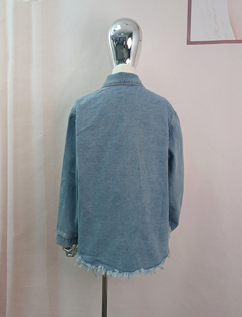 Faux Pearl Embellished Oversized Denim Jacket