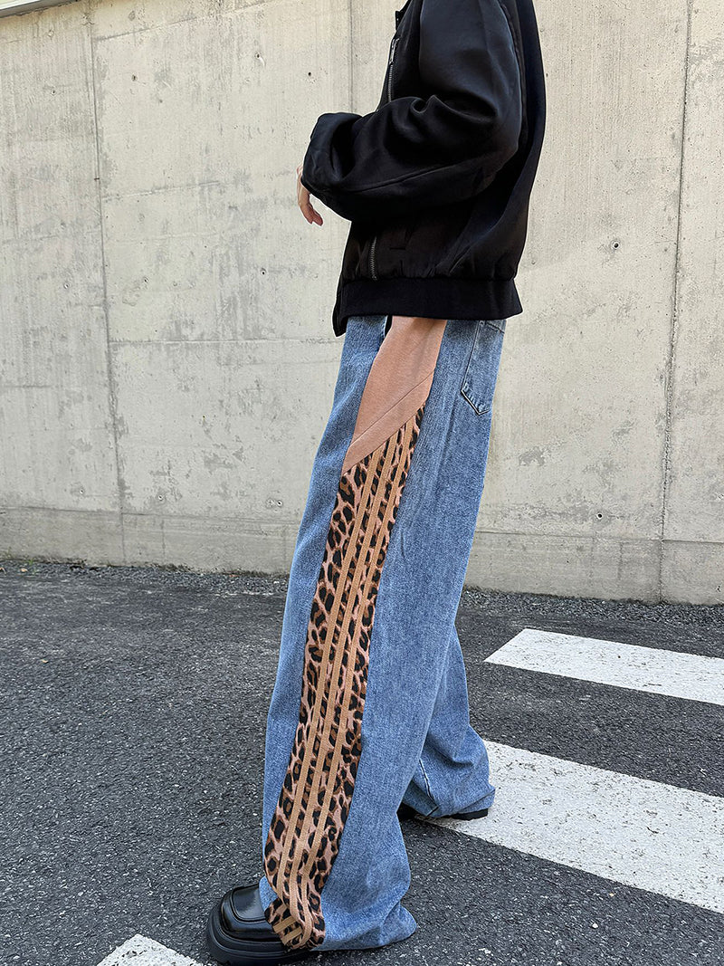 Leopard Print Patchwork Denim Pants