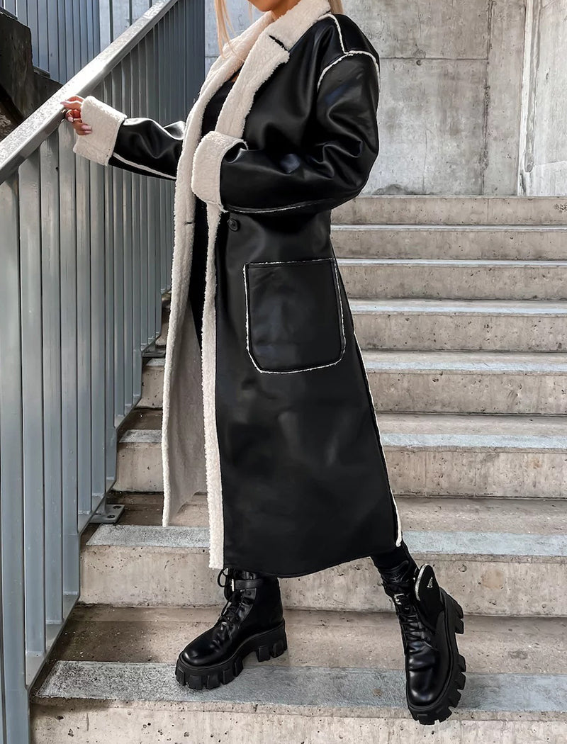 Belted Faux Leather Long Coat