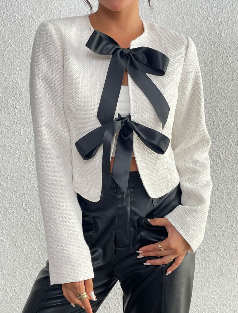 Bow-Accented Cropped Tweed Jacket