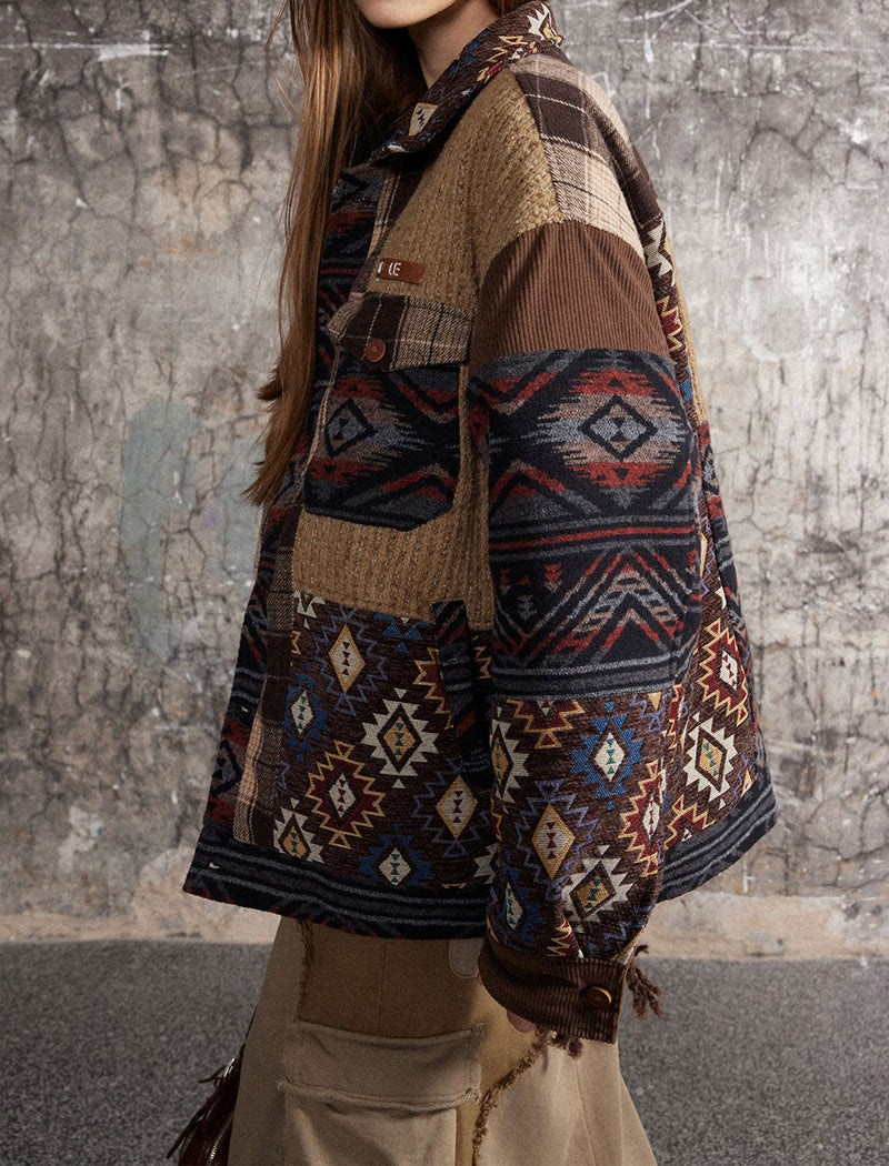 Patterned Patchwork Button-Up Jacket