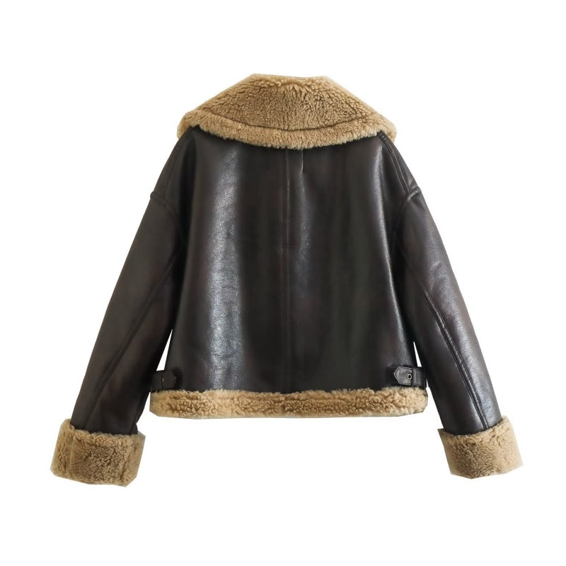 Faux Shearling Collar Zip-Up Jacket
