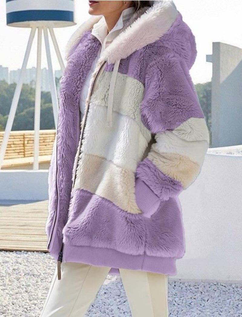 Hooded Patchwork Fuzzy Jacket