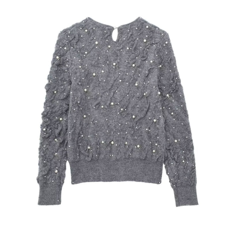 Pearl Embellished Textured Knit Sweater