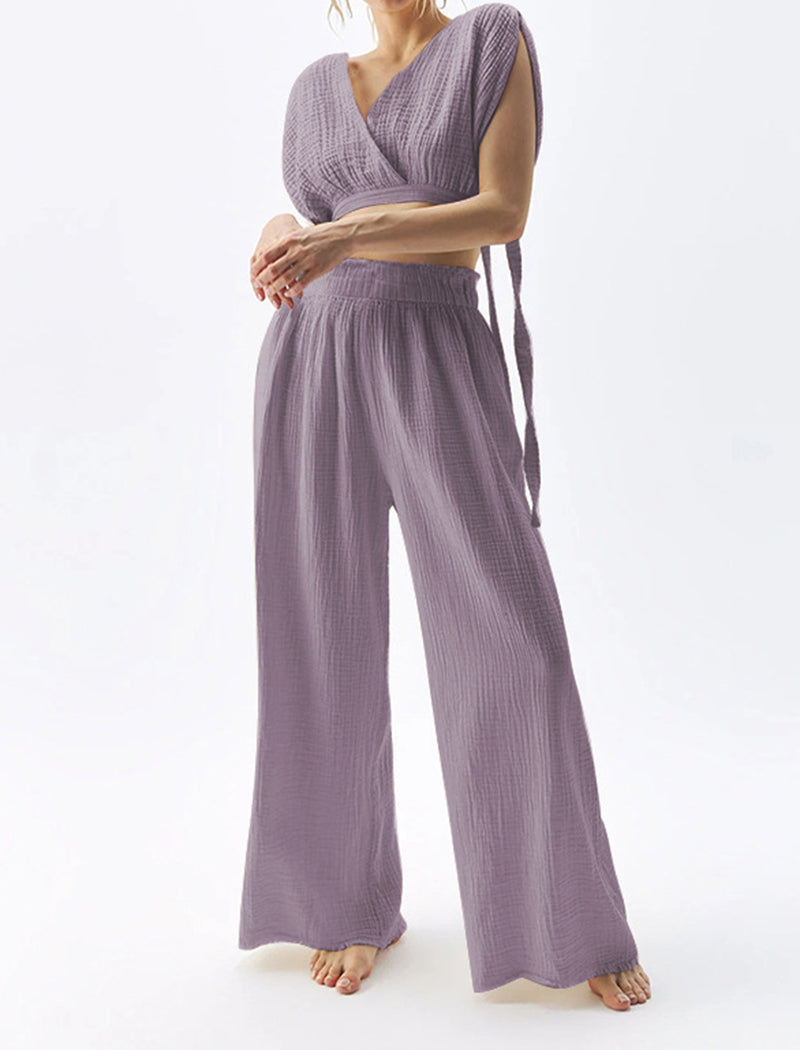 High-Waist Wide-Leg Textured Pants