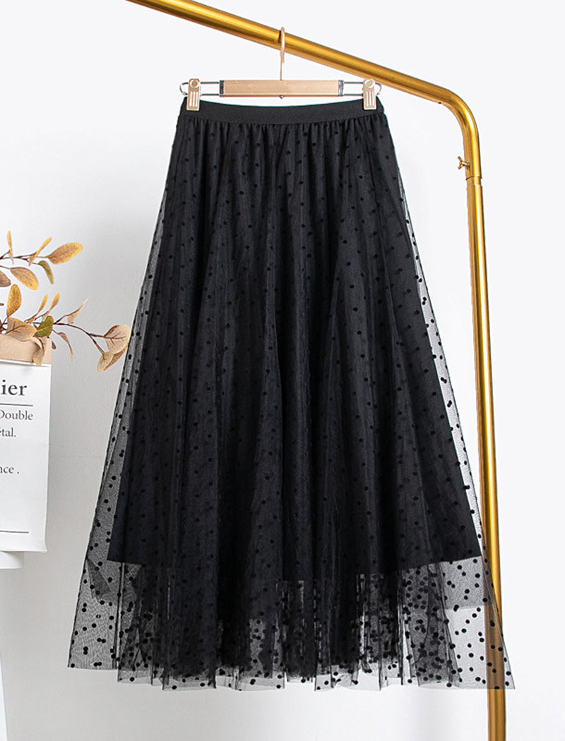Polka Dot Mesh Layered Midi Skirt