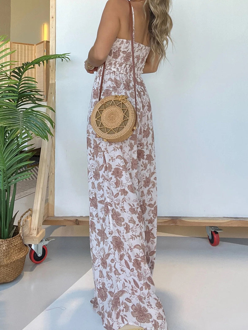 Floral Print Smocked Wide-Leg Jumpsuit