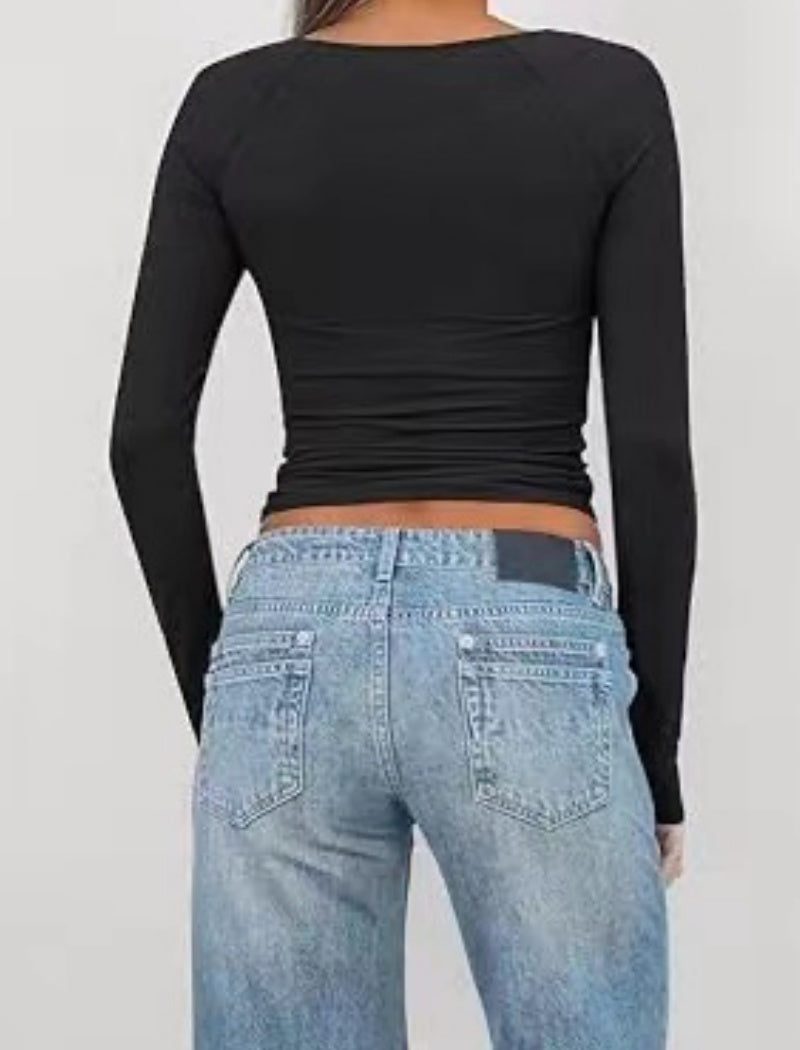 Twist Front V-Neck Slim Fit Long Sleeve Top