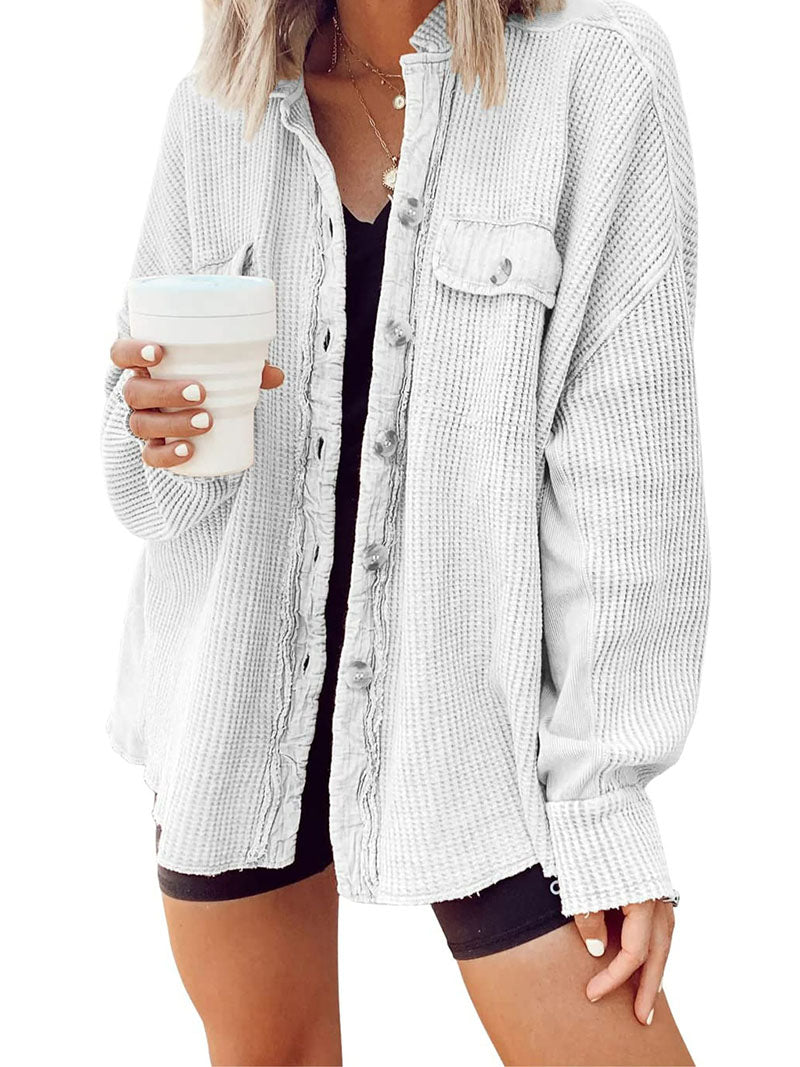 Button-Up Frayed Waffle Shacket