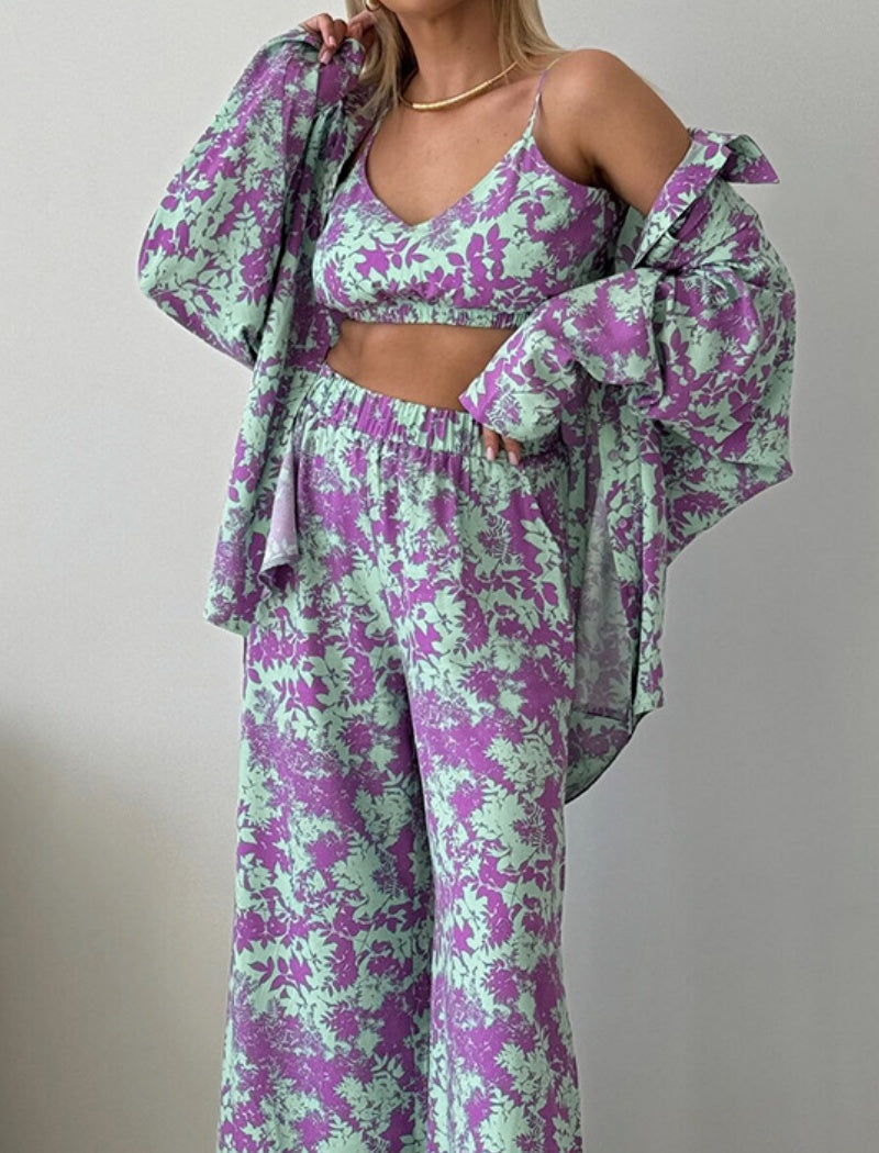 Floral Printed Matching Set with Wide-Leg Pants