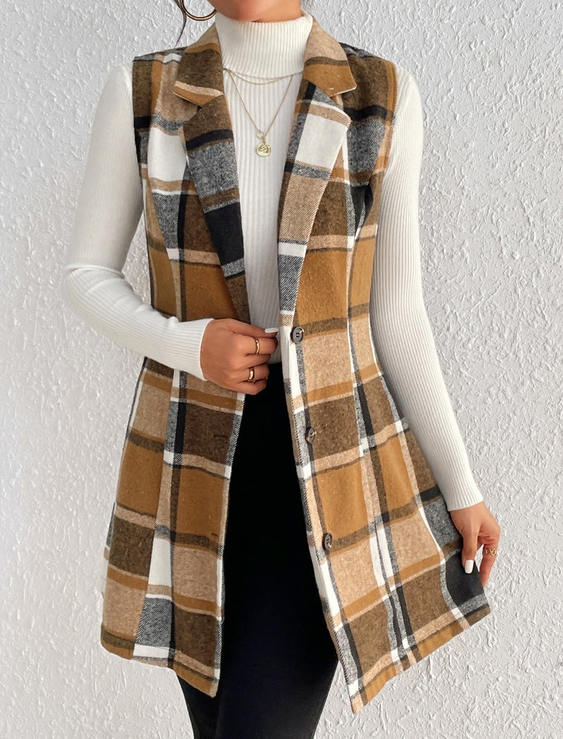Plaid Sleeveless Long Vest