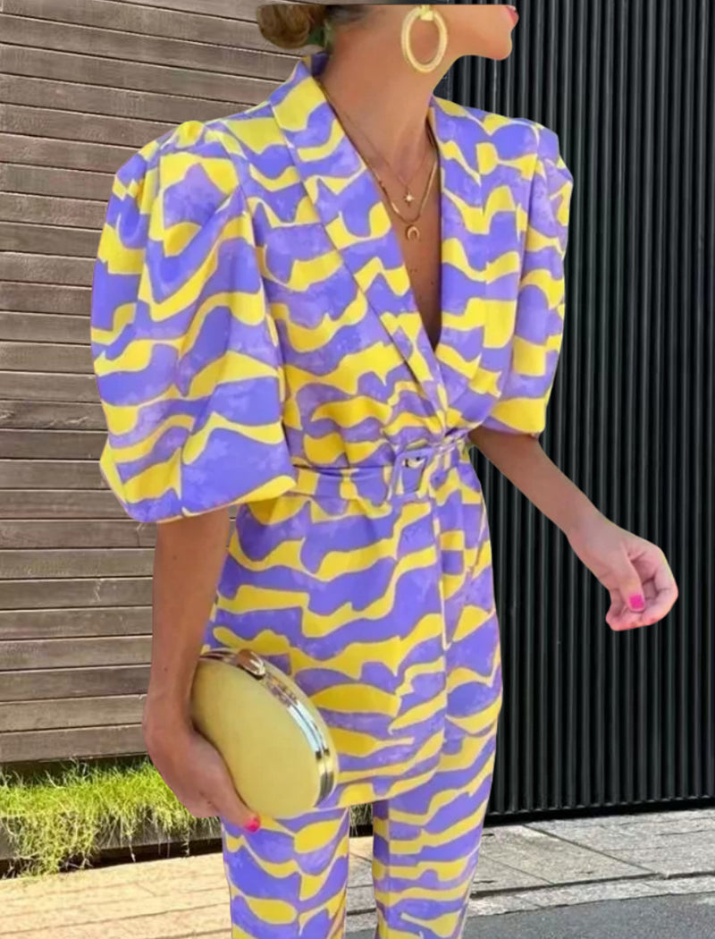 Puffed Sleeve Belted Pantsuit