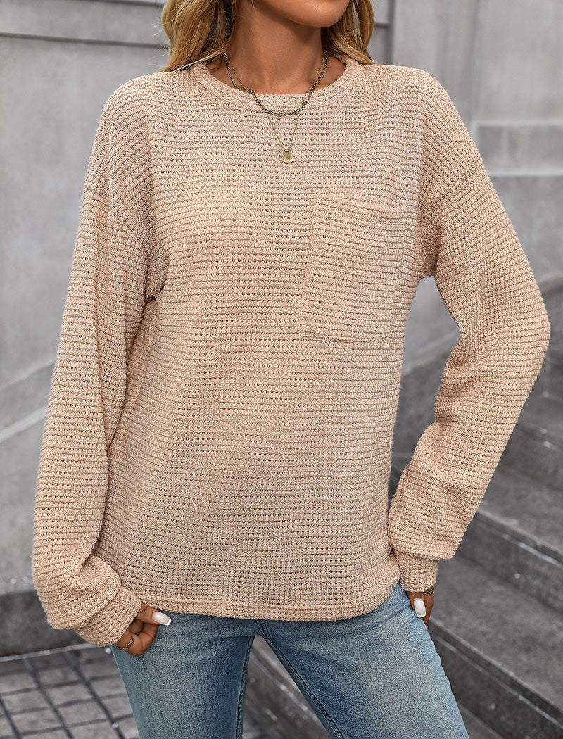 Waffle Knit Top with Chest Pocket