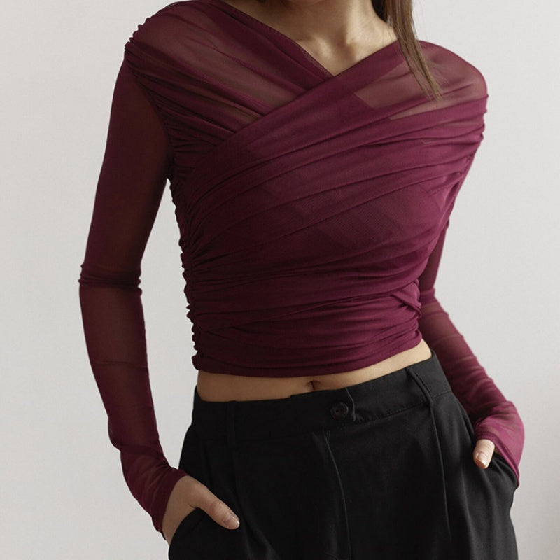 Draped Mesh Long Sleeve Top