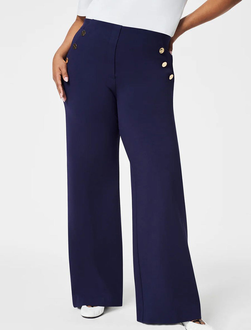 High-Waist Wide-Leg Pants with Button Accents