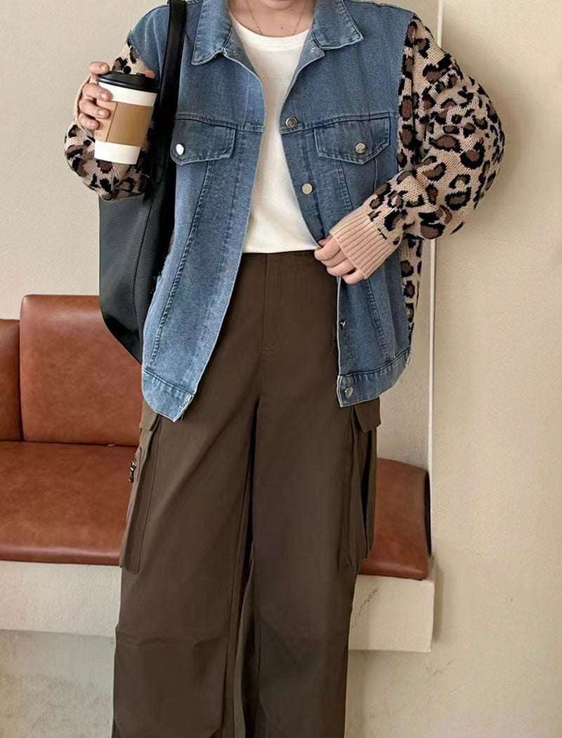 Denim Jacket with Knit Patterned Sleeves