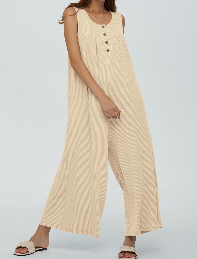 Button-Front Wide-Leg Sleeveless Jumpsuit