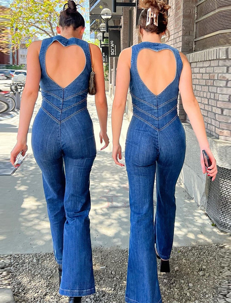 Zip-Front Denim Flared Jumpsuit
