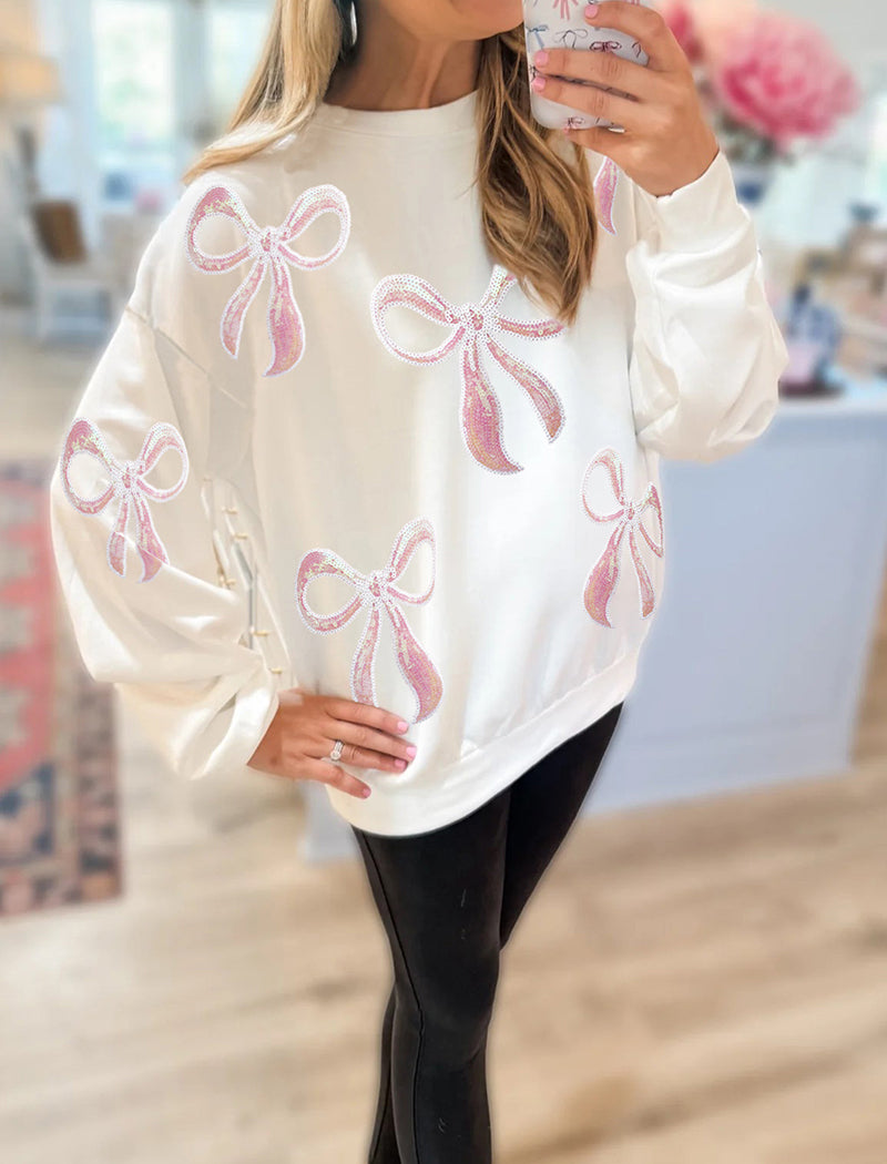 Embellished Bow-Print Casual Top