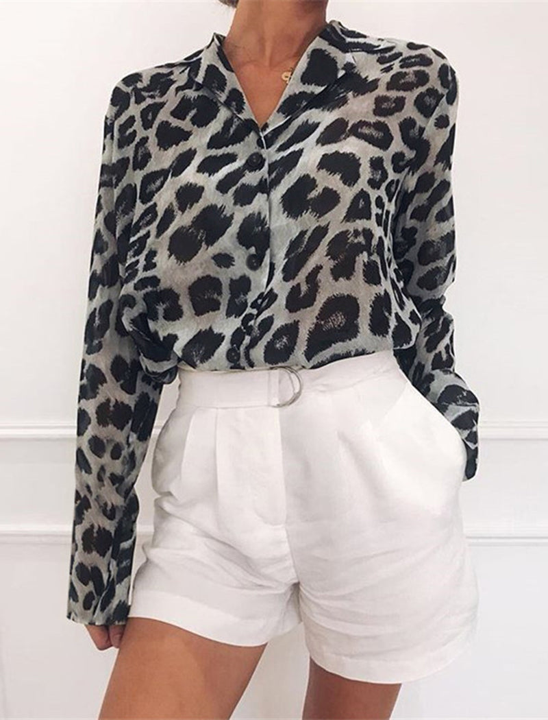 Long Sleeve Animal Print Button-Up Blouse