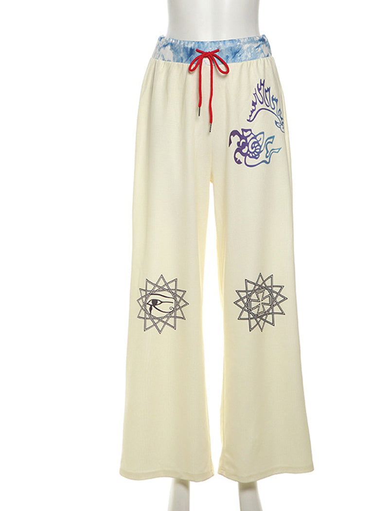Wide-Leg Drawstring Graphic Pants