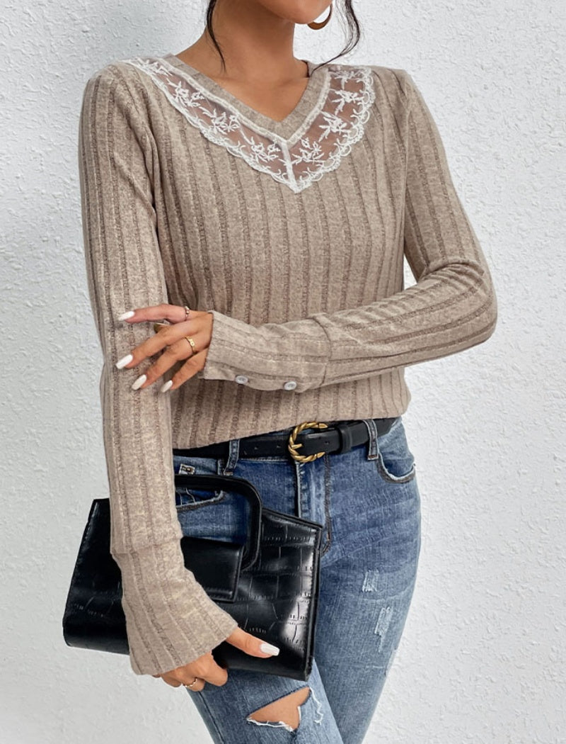 Ribbed V-Neck Top with Lace Accent
