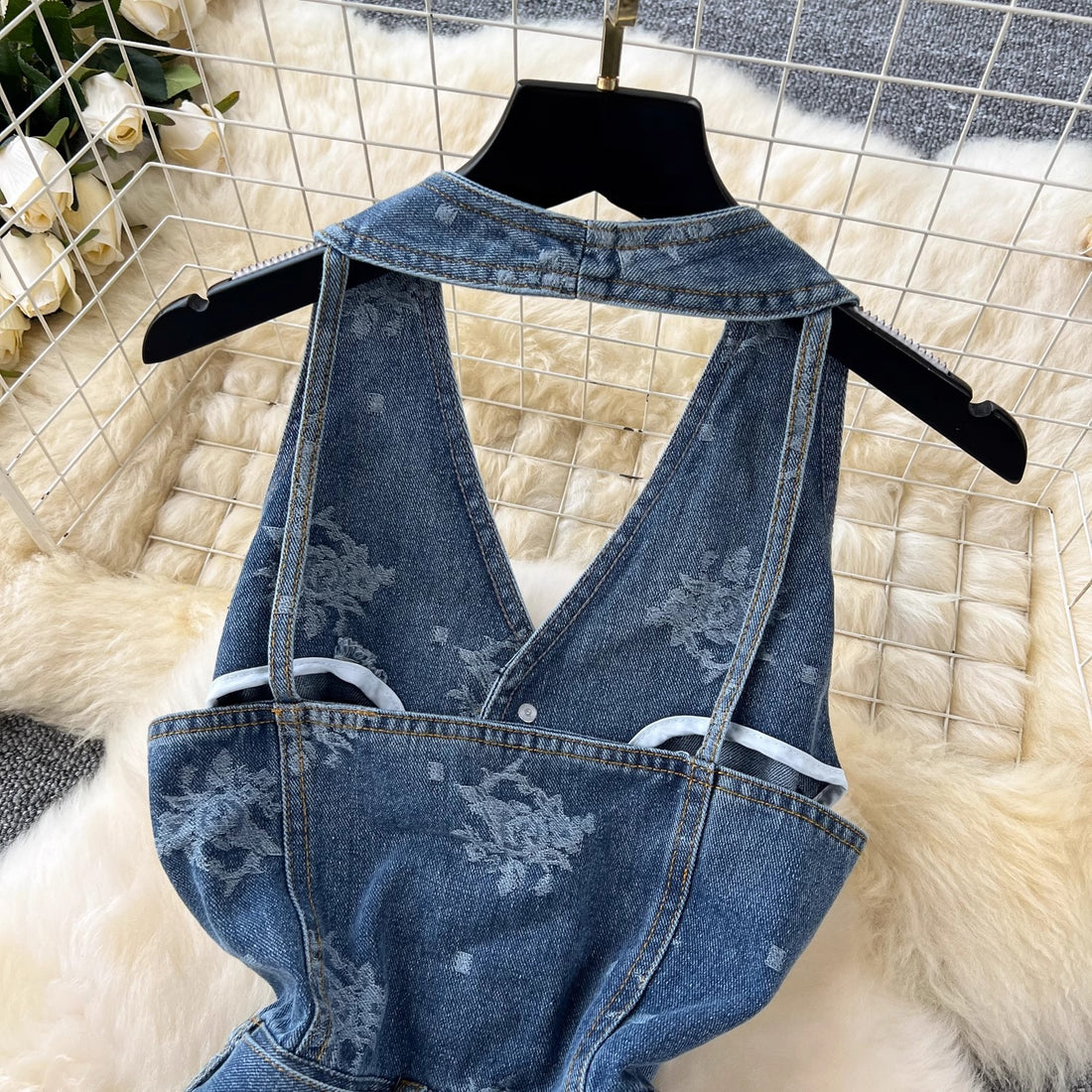 Floral Halter Denim Jumpsuit