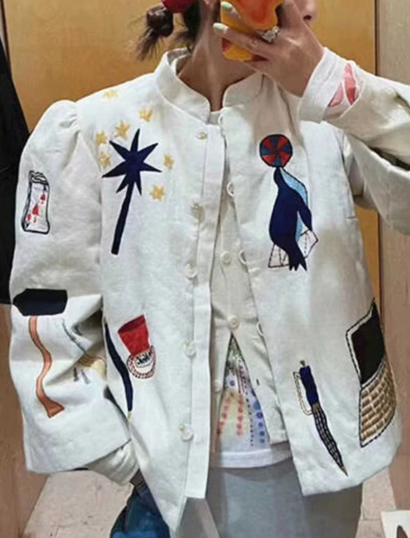 Graphic Patch Embellished Button Jacket