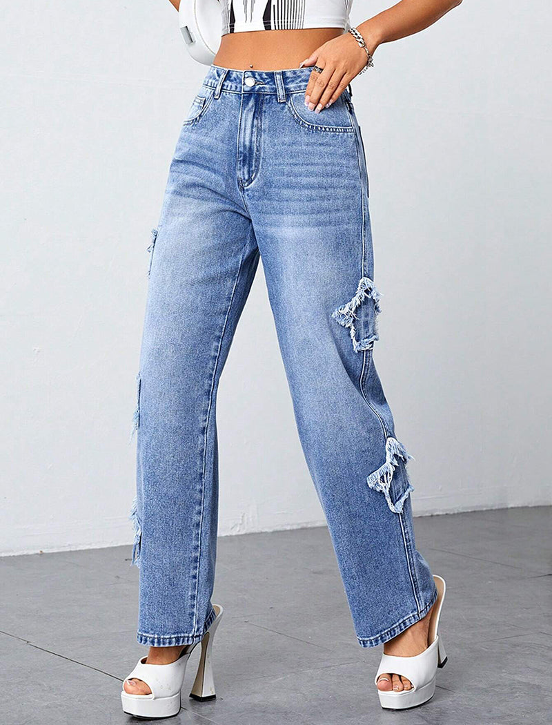 Distressed Wide-Leg Jeans with Star Details
