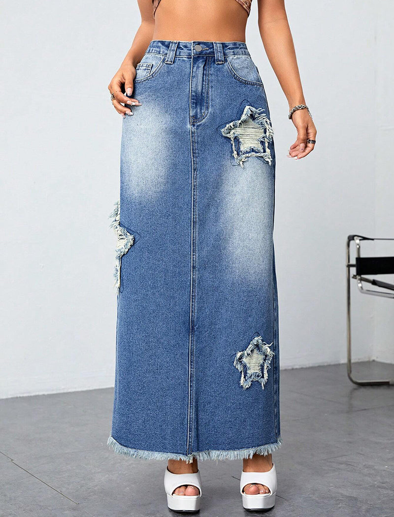 Distressed Denim Skirt with Star Details