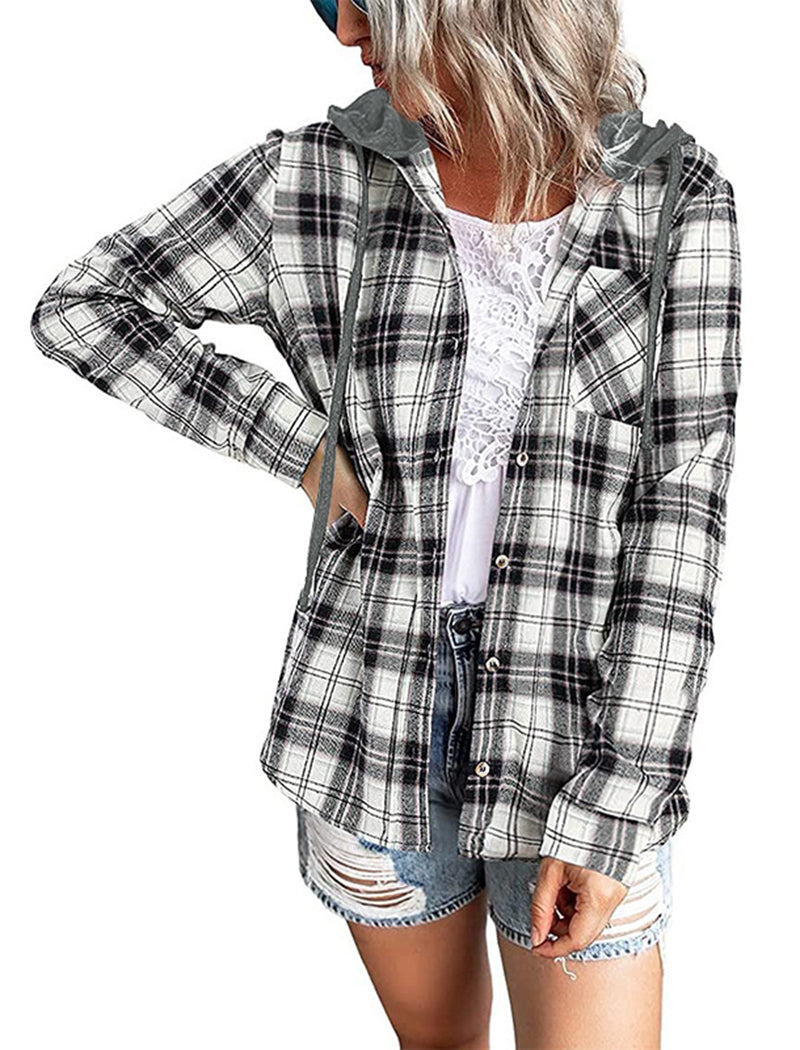 Hooded Plaid Button-Up Shirt