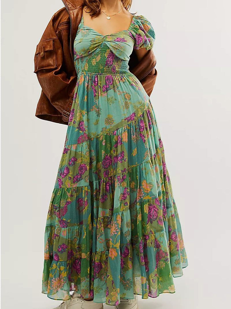 Floral Print Puff Sleeve Maxi Dress