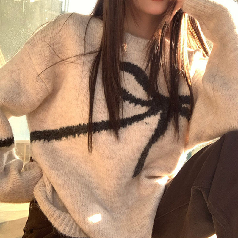 Bow Knit Crewneck Pullover Sweater