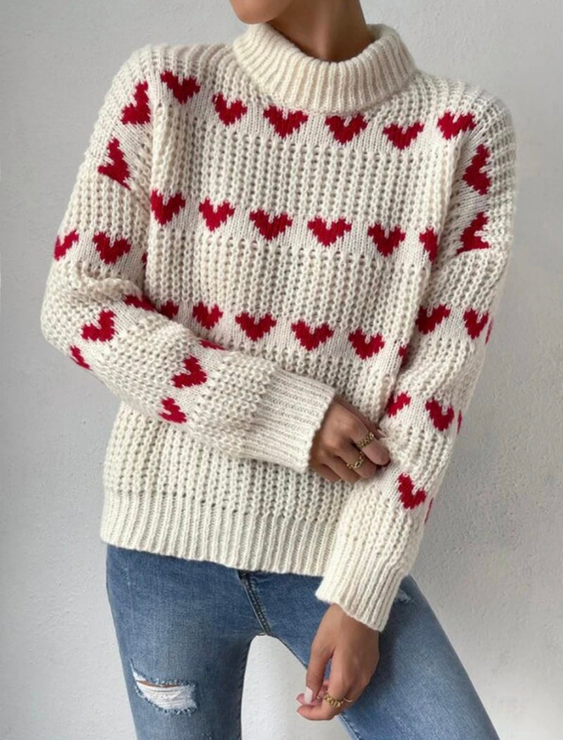 Heart Jacquard Pullover Knit Sweater