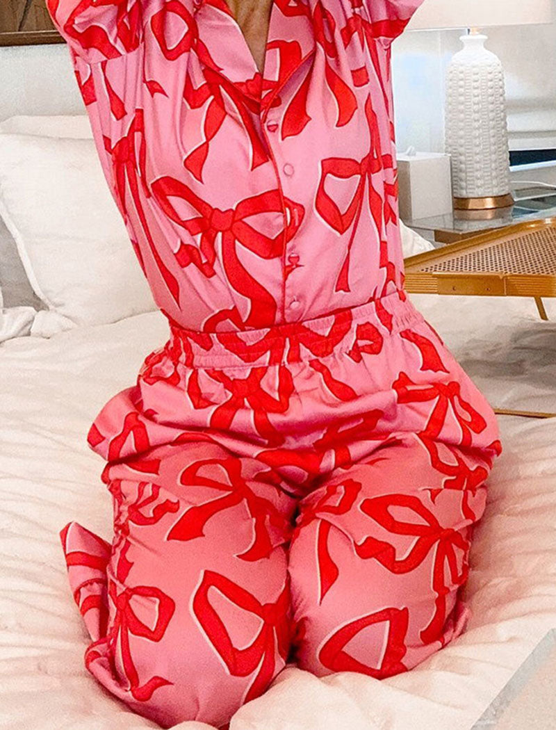 Bow Print Button-Up Pajama Set