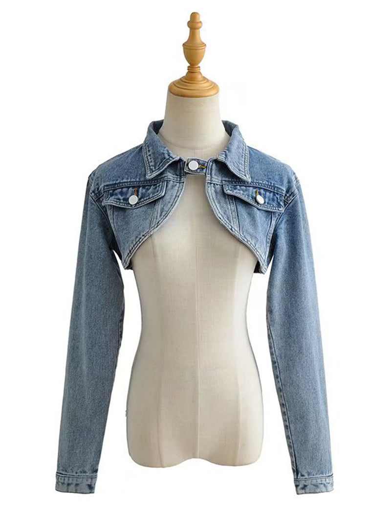 Cropped Button-Up Denim Bolero Jacket